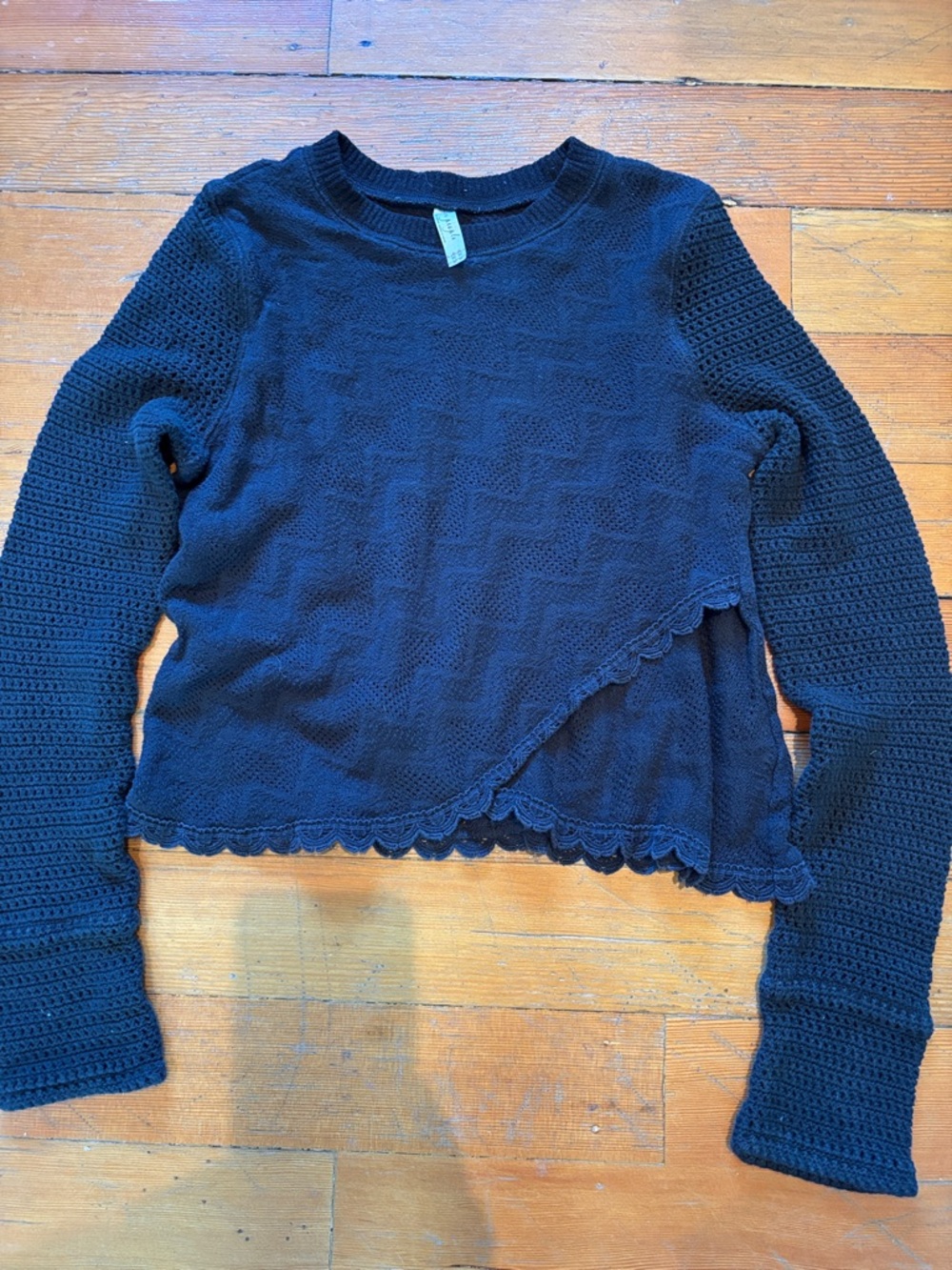 Free People Black Crochet Crewneck Sweater
